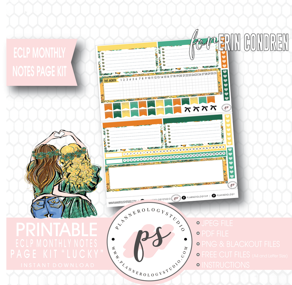 Lucky (St Patrick's Day) Monthly Notes Page Kit Digital Printable Planner Stickers (for use with ECLP) - Plannerologystudio