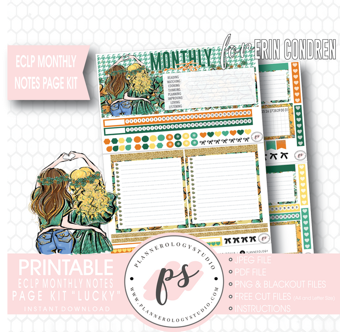 Lucky (St Patrick's Day) Monthly Notes Page Kit Digital Printable Planner Stickers (for use with ECLP) - Plannerologystudio