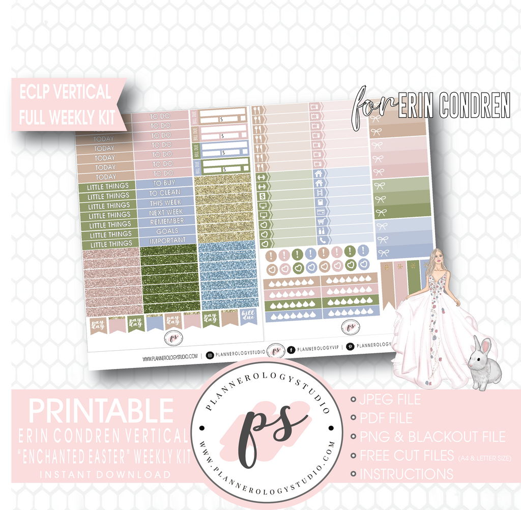 Enchanted Easter Full Weekly Kit Printable Planner Digital Stickers (for use with Erin Condren Vertical) - Plannerologystudio