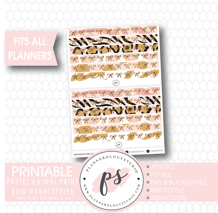 Pastel Animal Print Pattern Bow Icon Washi Strip Digital Printable Planner Stickers - Plannerologystudio