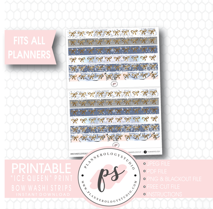 Ice Queen Print Pattern Bow Icon Washi Strip Digital Printable Planner Stickers - Plannerologystudio