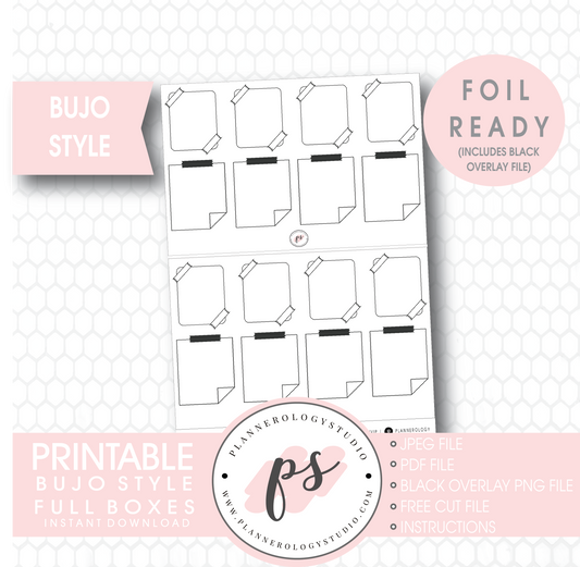 Bujo Bullet Journal Style Full Boxes Digital Printable Planner Stickers (Foil Ready) - Plannerologystudio