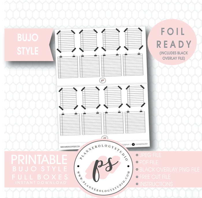 Bujo Bullet Journal Style Full Boxes Digital Printable Planner Stickers (Foil Ready) - Plannerologystudio