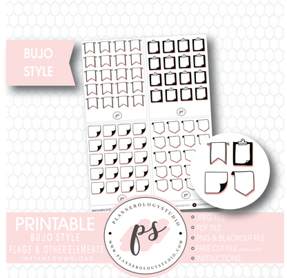 Bujo Bullet Journal Style Flags Digital Printable Planner Stickers (Foil Ready) - Plannerologystudio