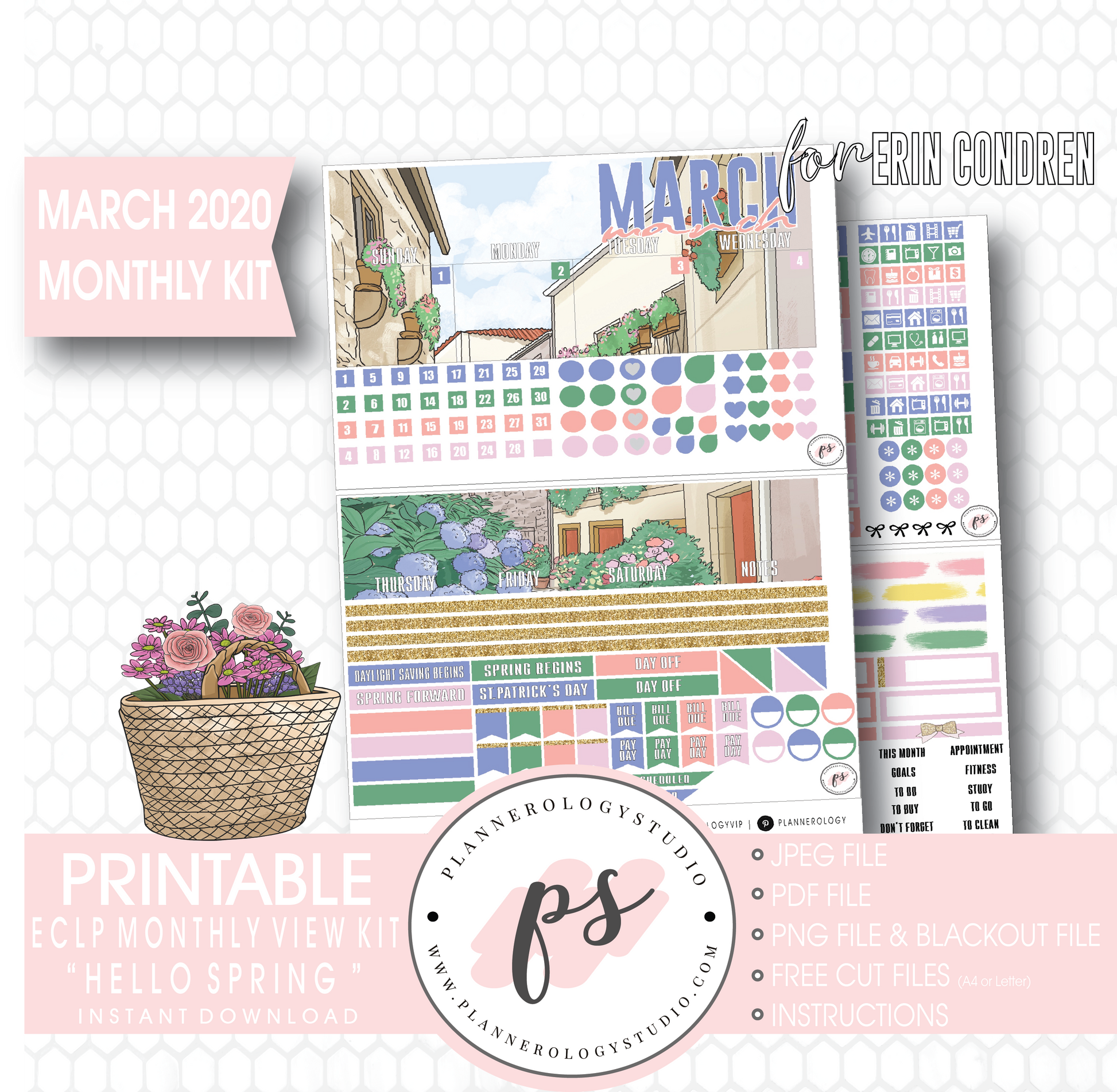 Hello Spring March 2020 Monthly View Kit Digital Printable Planner Stickers (for use with Erin Condren) - Plannerologystudio