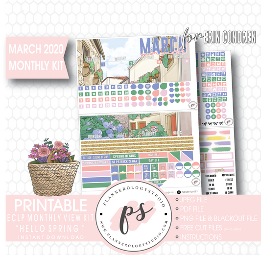 Hello Spring March 2020 Monthly View Kit Digital Printable Planner Stickers (for use with Erin Condren) - Plannerologystudio