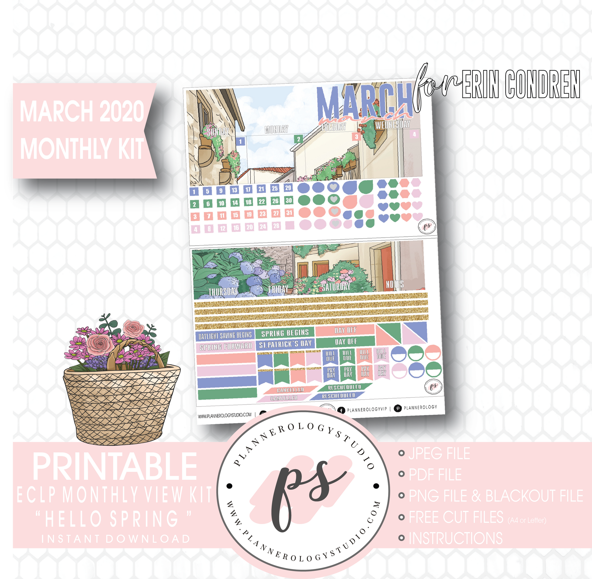 Hello Spring March 2020 Monthly View Kit Digital Printable Planner Stickers (for use with Erin Condren) - Plannerologystudio