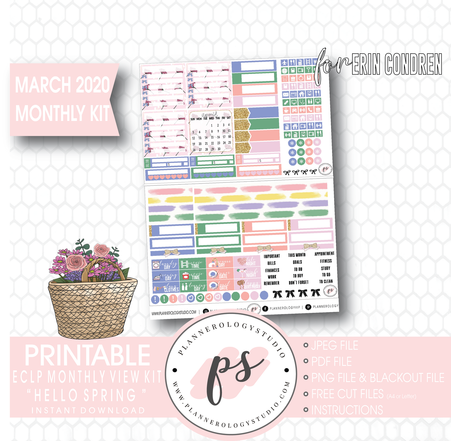 Hello Spring March 2020 Monthly View Kit Digital Printable Planner Stickers (for use with Erin Condren) - Plannerologystudio