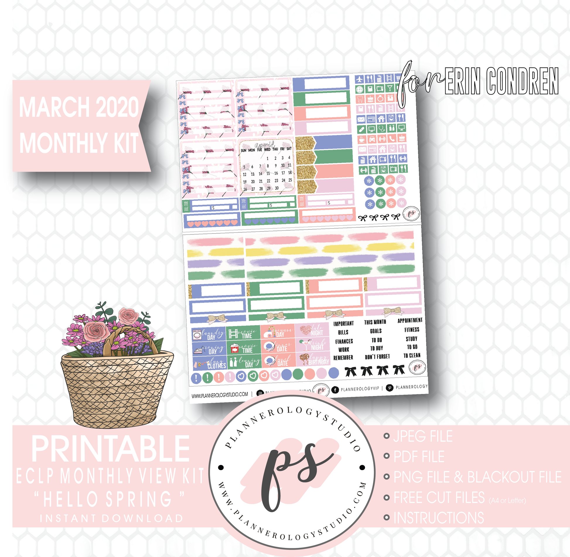 Hello Spring March 2020 Monthly View Kit Digital Printable Planner Stickers (for use with Erin Condren) - Plannerologystudio