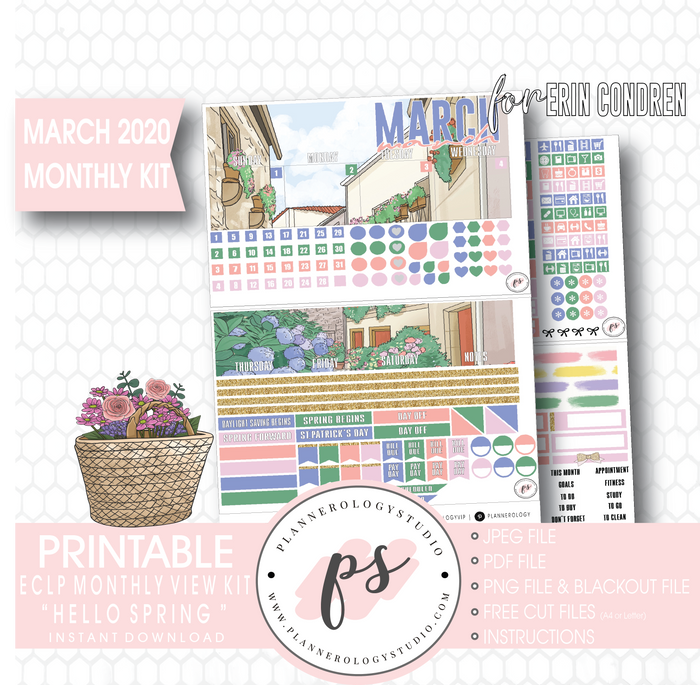 Hello Spring March 2020 Monthly View Kit Digital Printable Planner Stickers (for use with Erin Condren) - Plannerologystudio