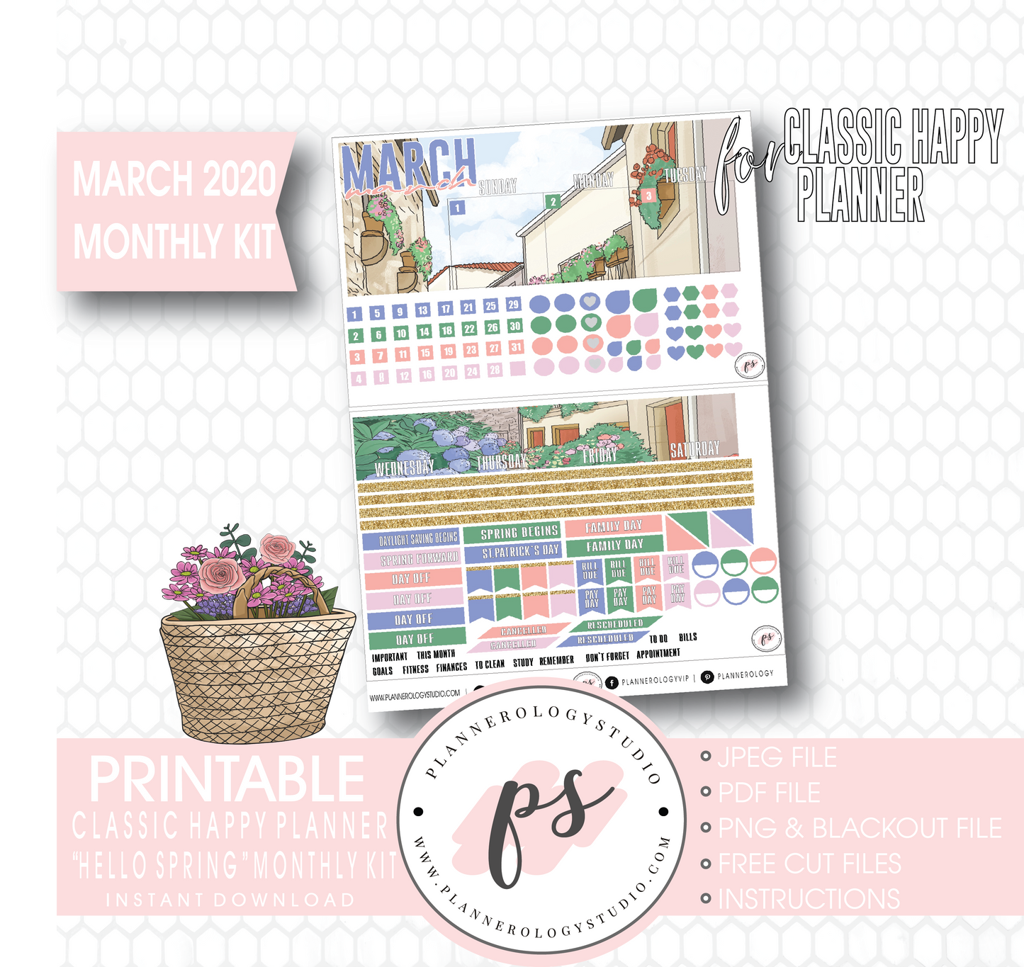 Hello Spring March 2020 Monthly View Kit Digital Printable Planner Stickers (for use with Classic Happy Planner) - Plannerologystudio