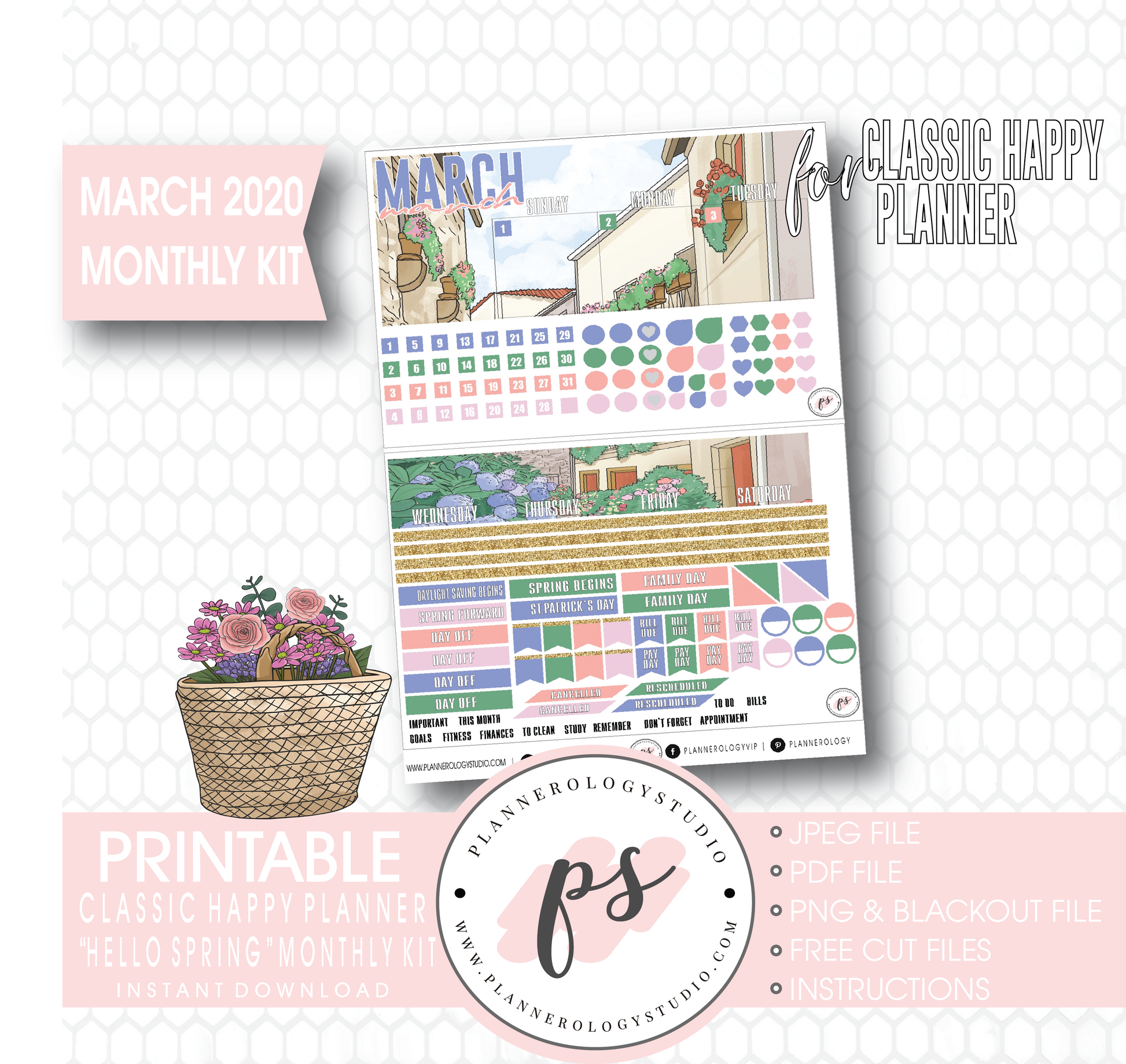 Hello Spring March 2020 Monthly View Kit Digital Printable Planner Stickers (for use with Classic Happy Planner) - Plannerologystudio