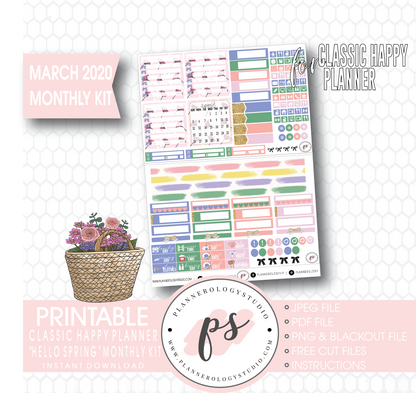Hello Spring March 2020 Monthly View Kit Digital Printable Planner Stickers (for use with Classic Happy Planner) - Plannerologystudio