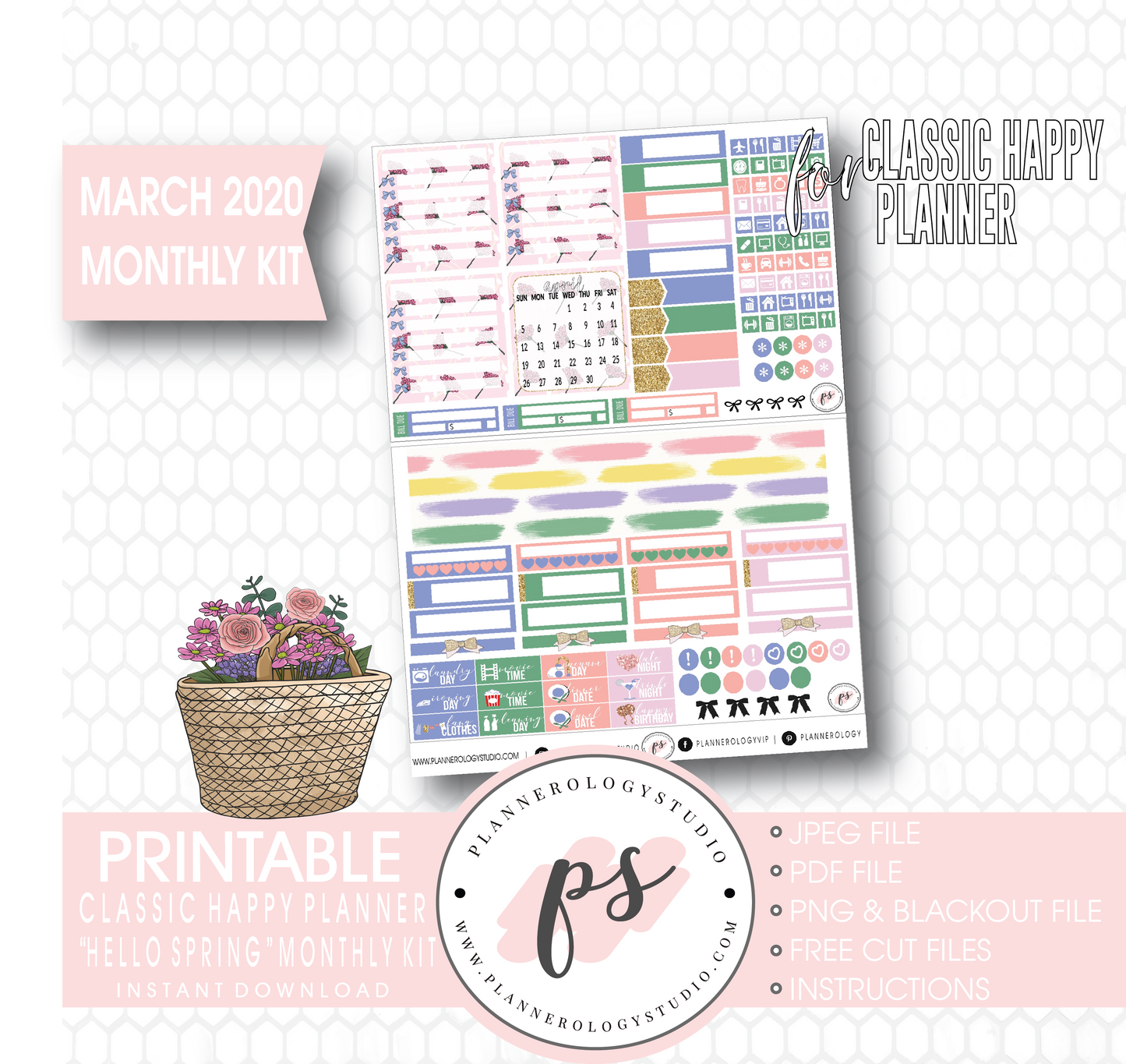Hello Spring March 2020 Monthly View Kit Digital Printable Planner Stickers (for use with Classic Happy Planner) - Plannerologystudio