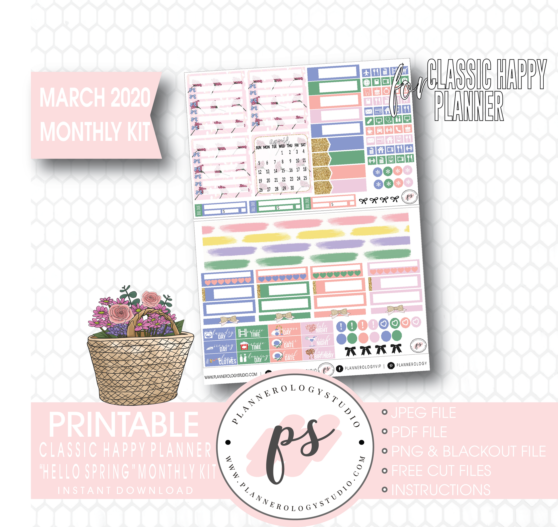 Hello Spring March 2020 Monthly View Kit Digital Printable Planner Stickers (for use with Classic Happy Planner) - Plannerologystudio
