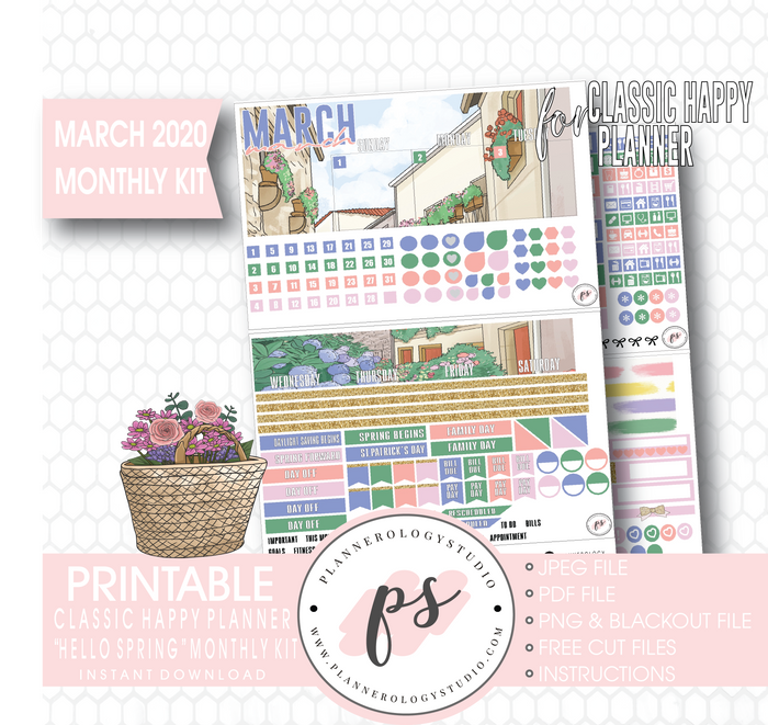 Hello Spring March 2020 Monthly View Kit Digital Printable Planner Stickers (for use with Classic Happy Planner) - Plannerologystudio