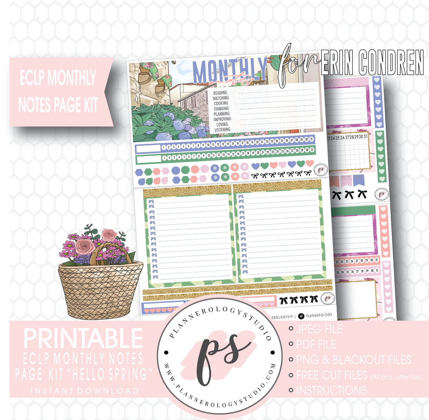 Hello Spring Monthly Notes Page Kit Digital Printable Planner Stickers (for use with ECLP) - Plannerologystudio