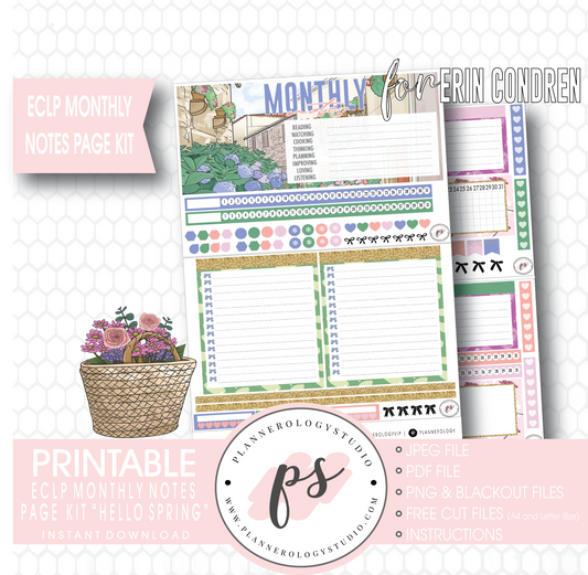 Hello Spring Monthly Notes Page Kit Digital Printable Planner Stickers (for use with ECLP) - Plannerologystudio