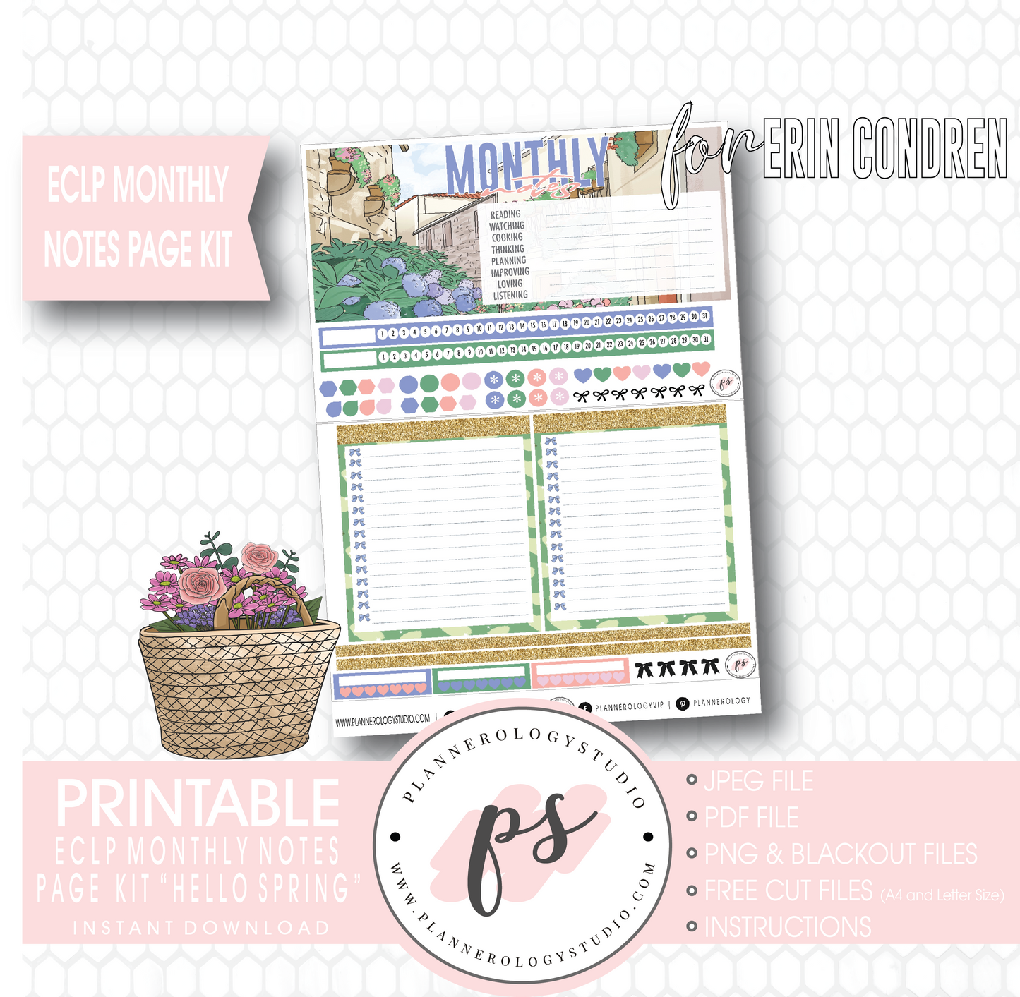 Hello Spring Monthly Notes Page Kit Digital Printable Planner Stickers (for use with ECLP) - Plannerologystudio