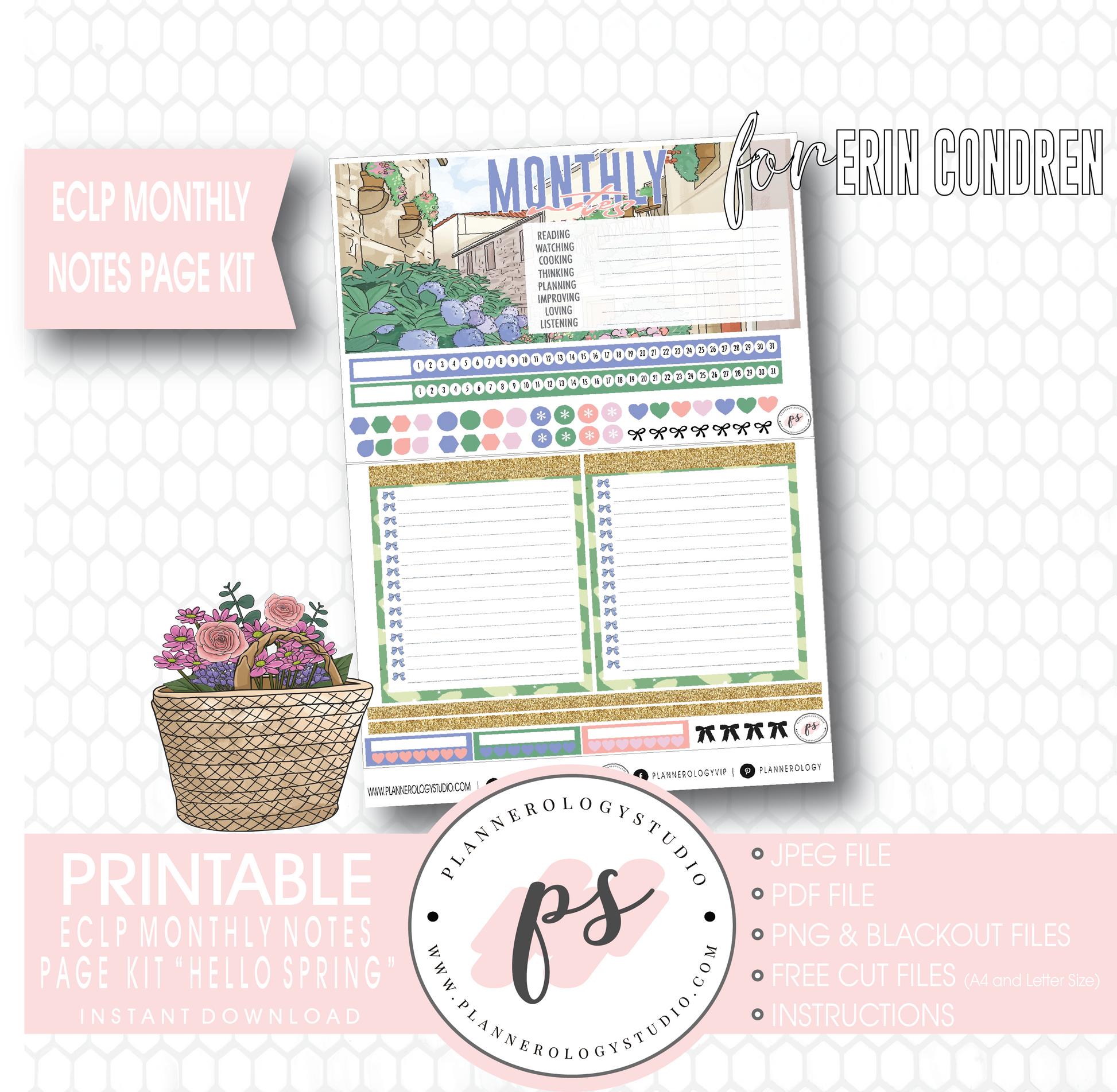 Hello Spring Monthly Notes Page Kit Digital Printable Planner Stickers (for use with ECLP) - Plannerologystudio