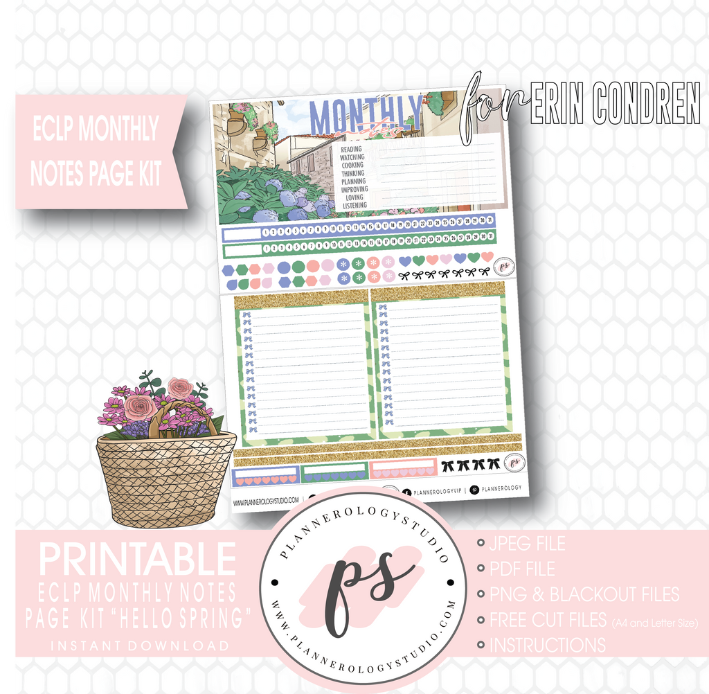 Hello Spring Monthly Notes Page Kit Digital Printable Planner Stickers (for use with ECLP) - Plannerologystudio