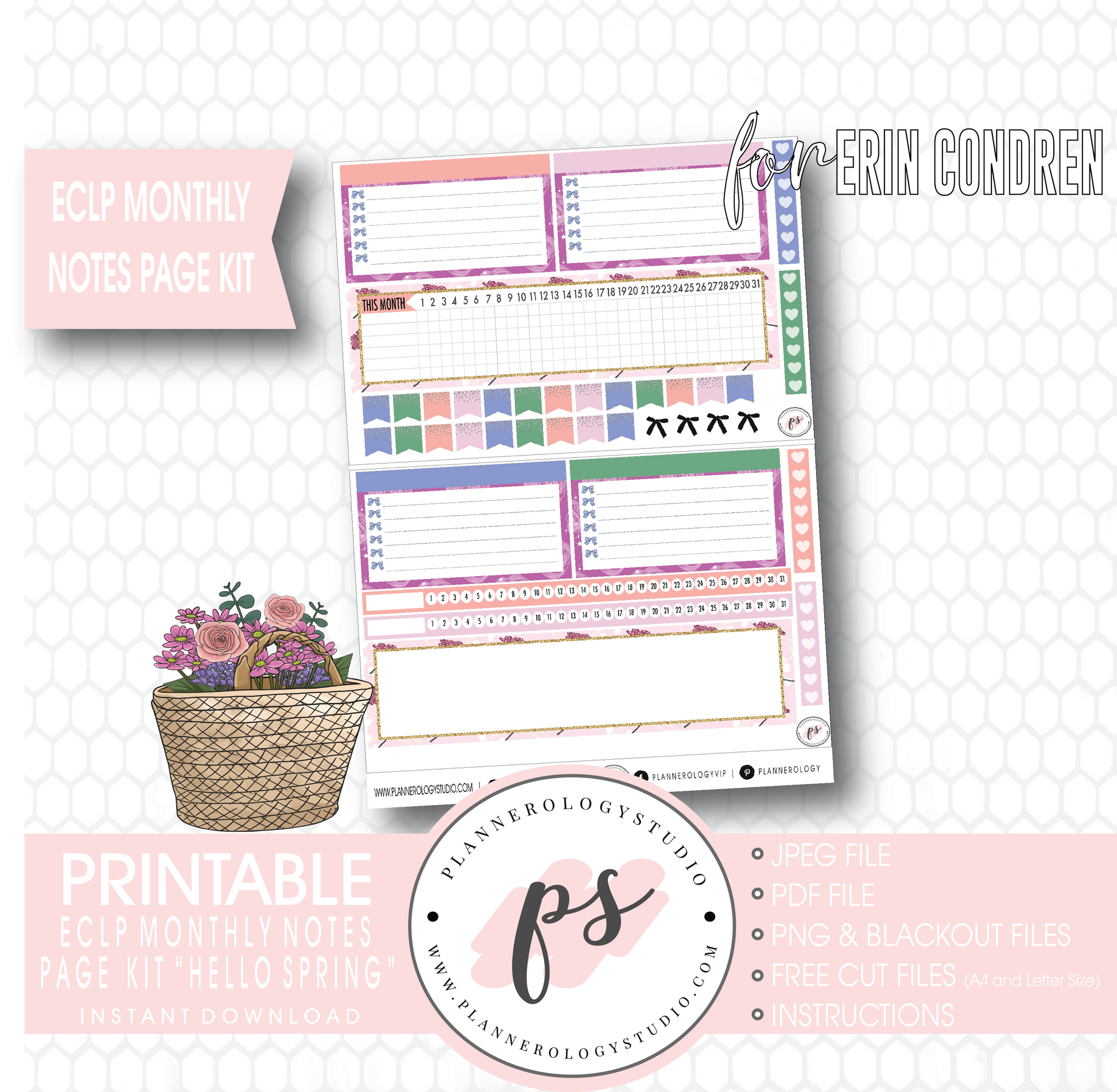 Hello Spring Monthly Notes Page Kit Digital Printable Planner Stickers (for use with ECLP) - Plannerologystudio