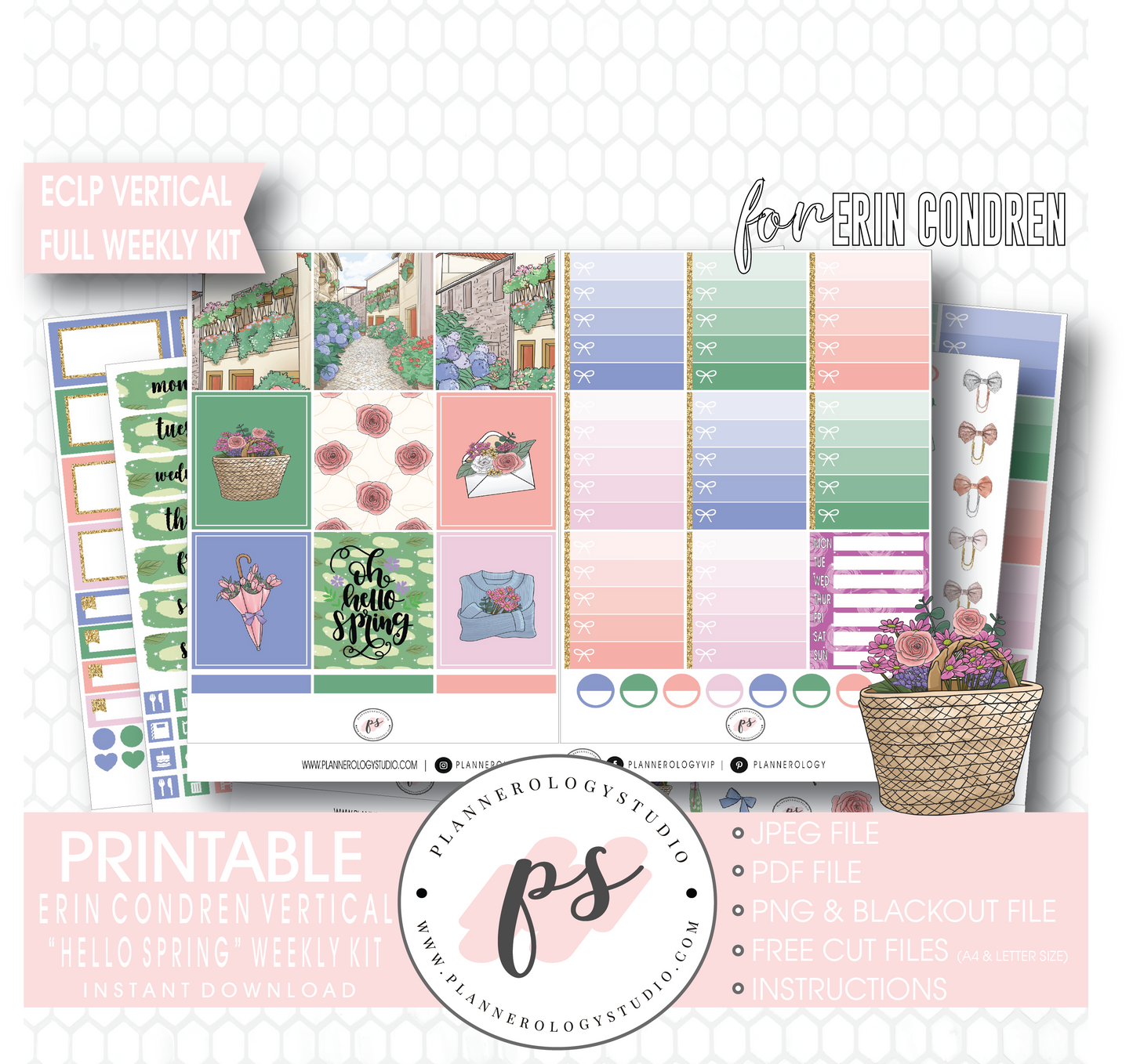 Hello Spring Full Weekly Kit Printable Planner Digital Stickers (for use with Erin Condren Vertical) - Plannerologystudio