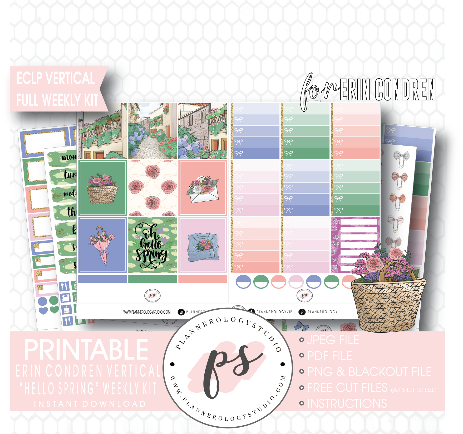 Hello Spring Full Weekly Kit Printable Planner Digital Stickers (for use with Erin Condren Vertical) - Plannerologystudio