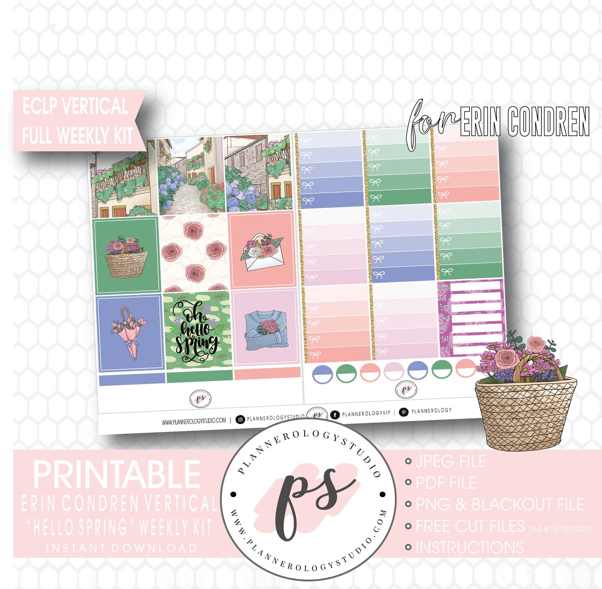 Hello Spring Full Weekly Kit Printable Planner Digital Stickers (for use with Erin Condren Vertical) - Plannerologystudio