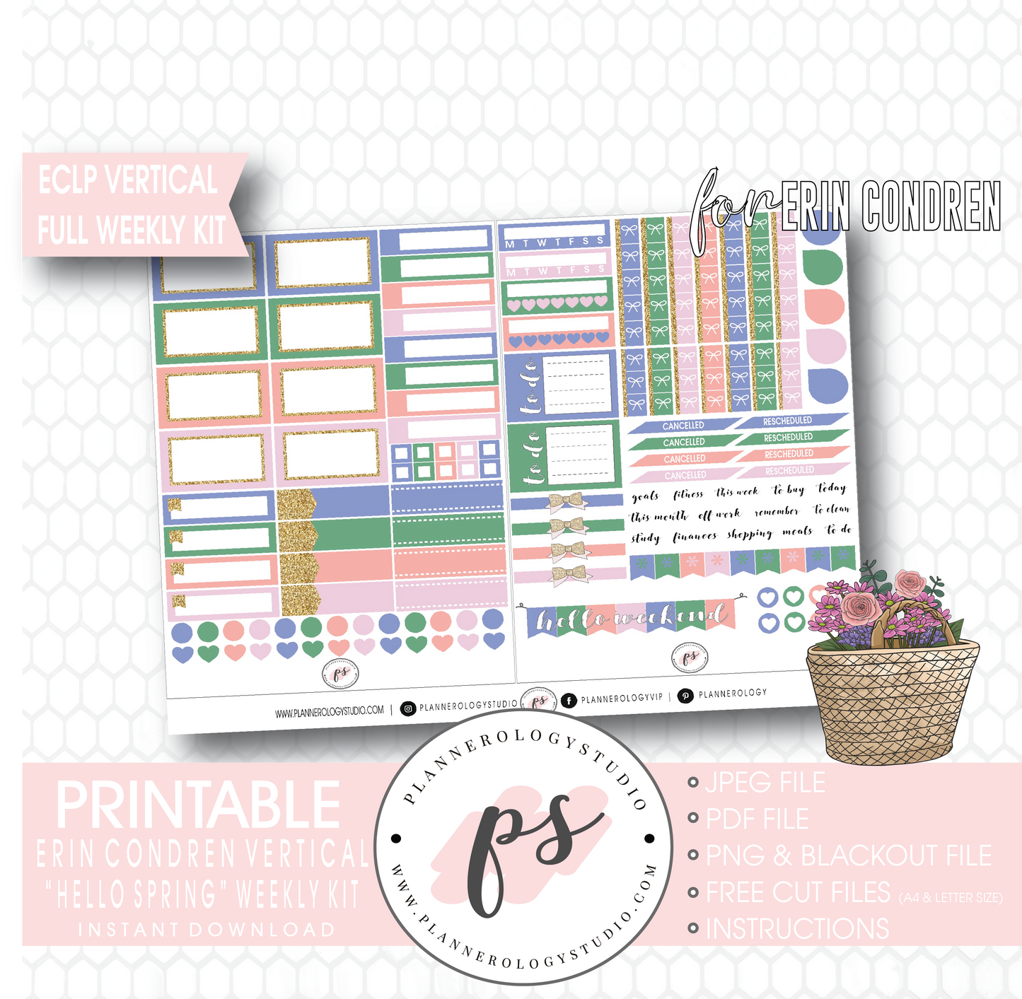 Hello Spring Full Weekly Kit Printable Planner Digital Stickers (for use with Erin Condren Vertical) - Plannerologystudio
