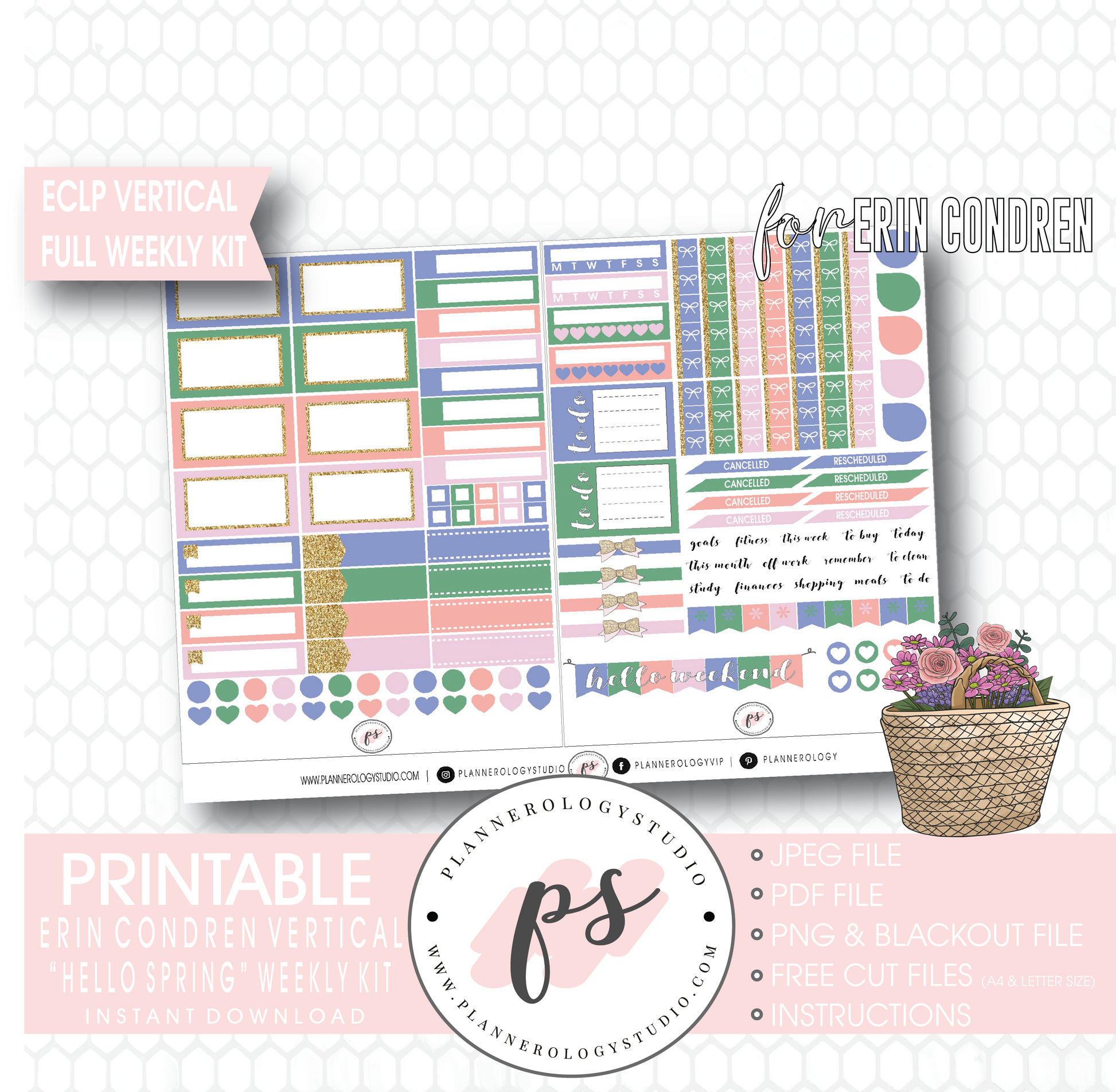 Hello Spring Full Weekly Kit Printable Planner Digital Stickers (for use with Erin Condren Vertical) - Plannerologystudio