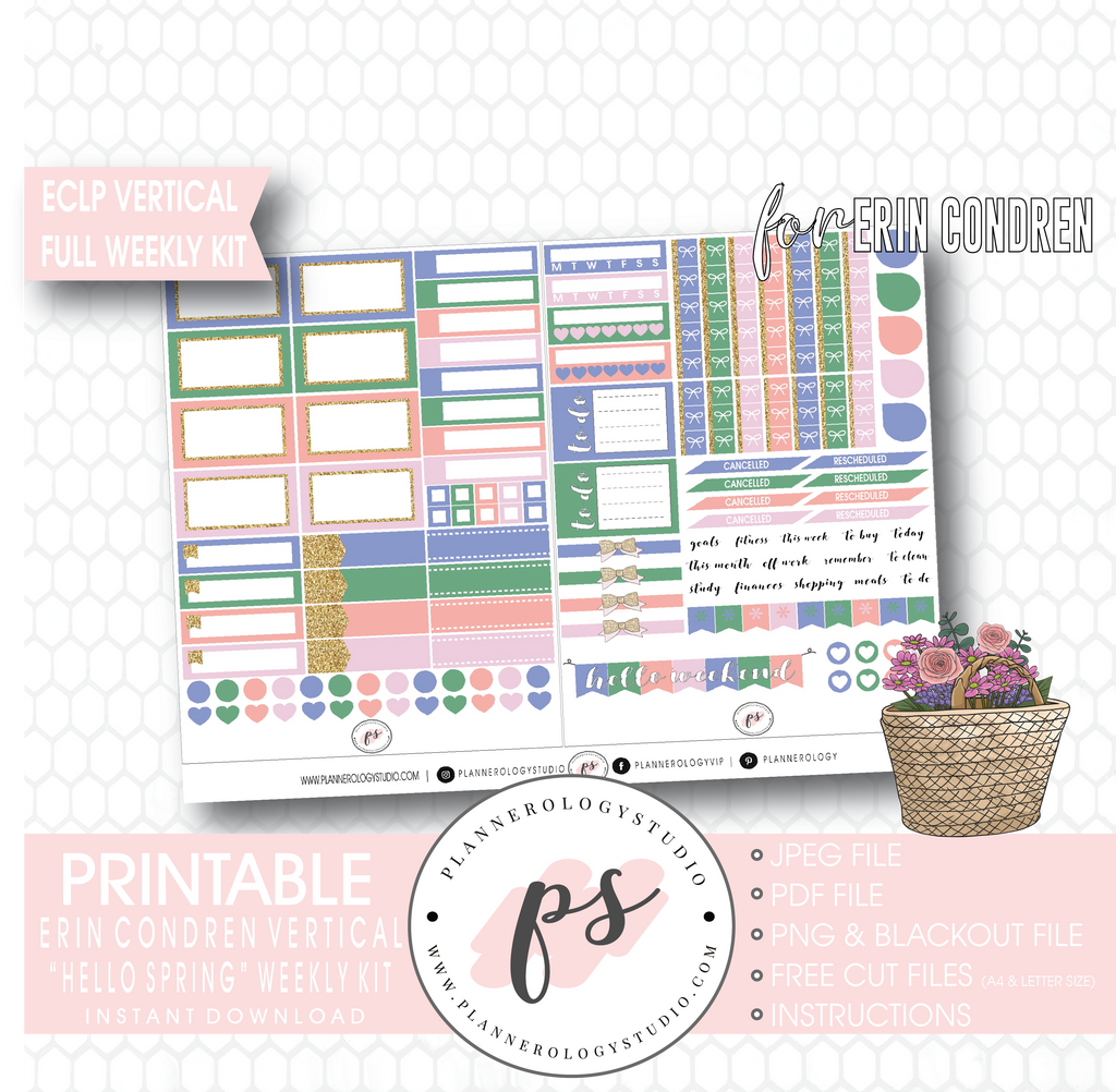 Hello Spring Full Weekly Kit Printable Planner Digital Stickers (for use with Erin Condren Vertical) - Plannerologystudio