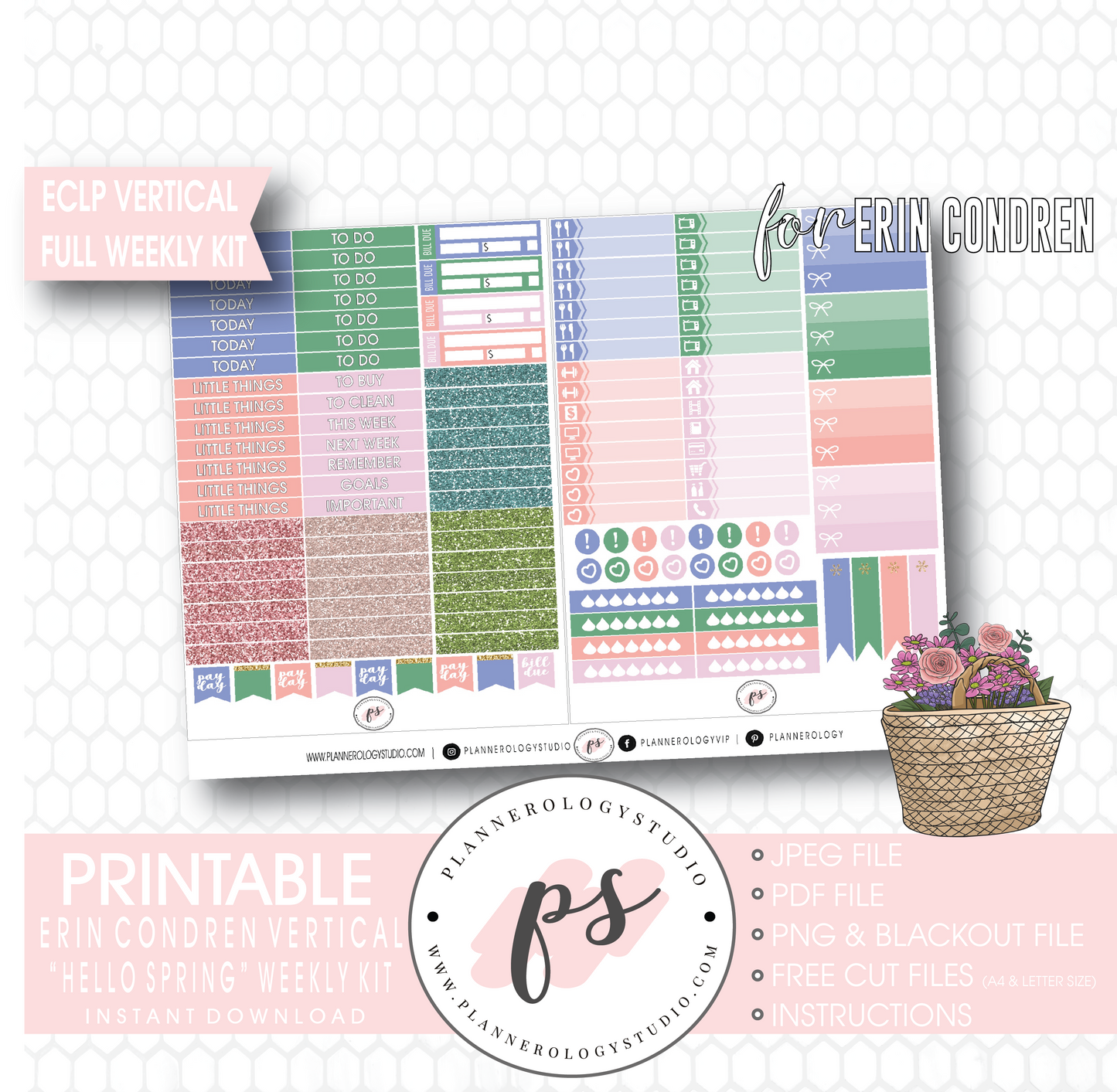 Hello Spring Full Weekly Kit Printable Planner Digital Stickers (for use with Erin Condren Vertical) - Plannerologystudio