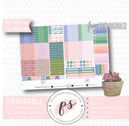 Hello Spring Full Weekly Kit Printable Planner Digital Stickers (for use with Erin Condren Vertical) - Plannerologystudio
