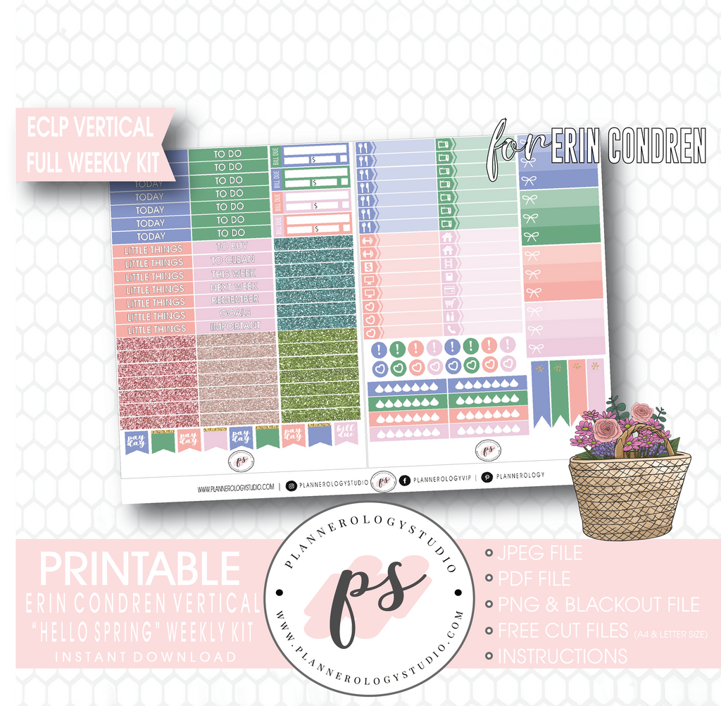 Hello Spring Full Weekly Kit Printable Planner Digital Stickers (for use with Erin Condren Vertical) - Plannerologystudio