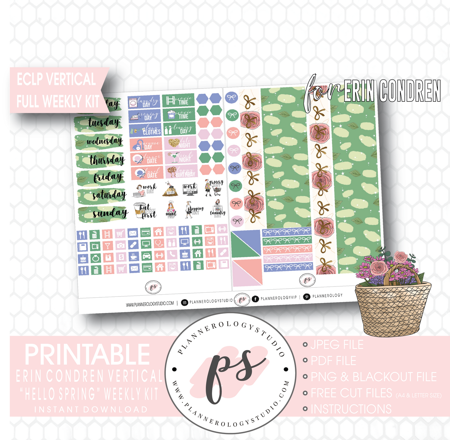 Hello Spring Full Weekly Kit Printable Planner Digital Stickers (for use with Erin Condren Vertical) - Plannerologystudio