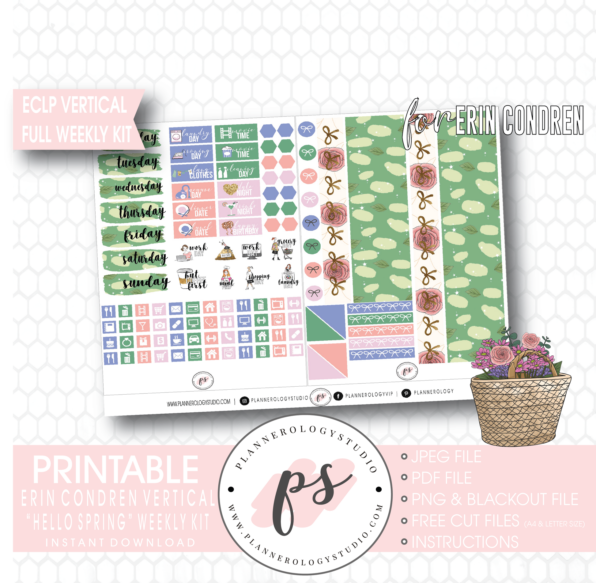 Hello Spring Full Weekly Kit Printable Planner Digital Stickers (for use with Erin Condren Vertical) - Plannerologystudio