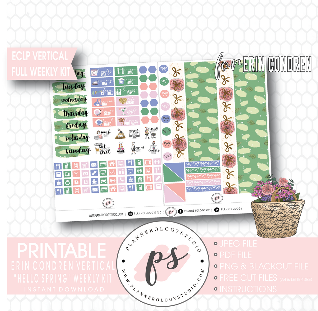 Hello Spring Full Weekly Kit Printable Planner Digital Stickers (for use with Erin Condren Vertical) - Plannerologystudio