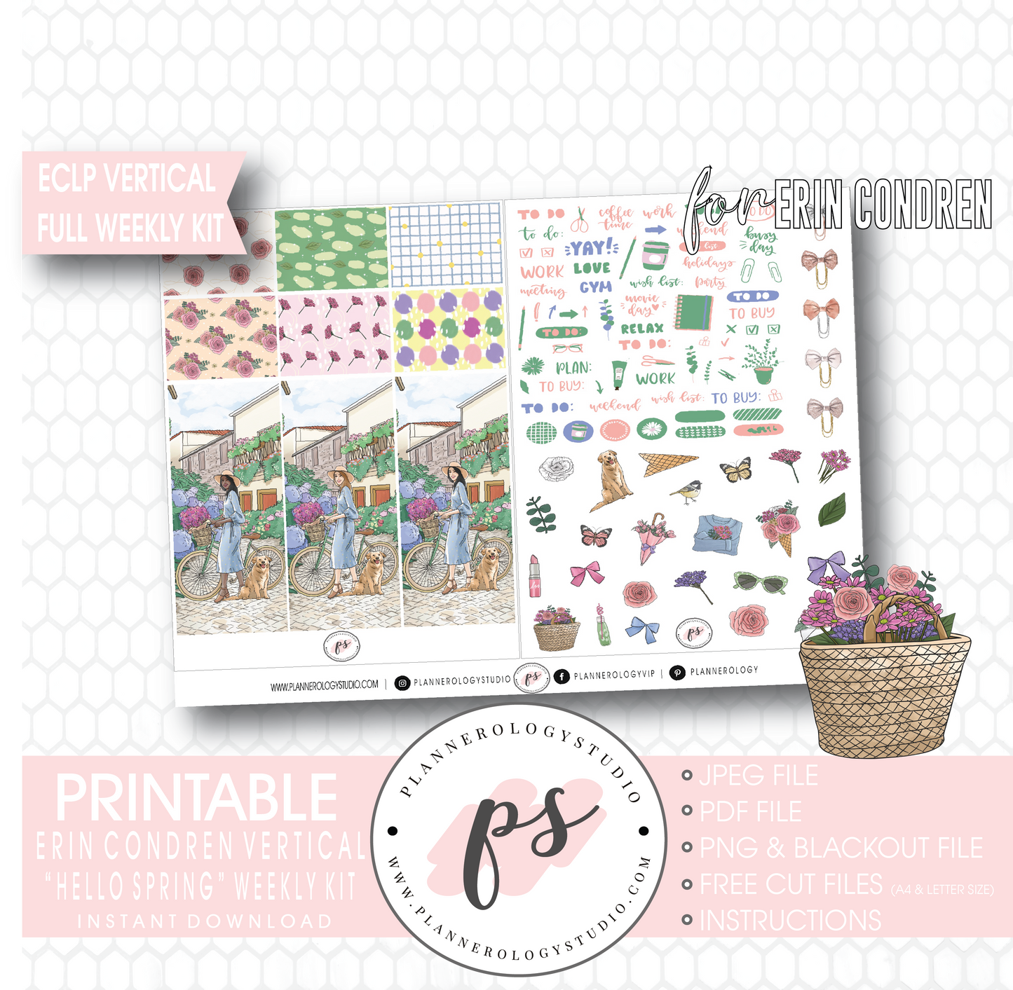 Hello Spring Full Weekly Kit Printable Planner Digital Stickers (for use with Erin Condren Vertical) - Plannerologystudio