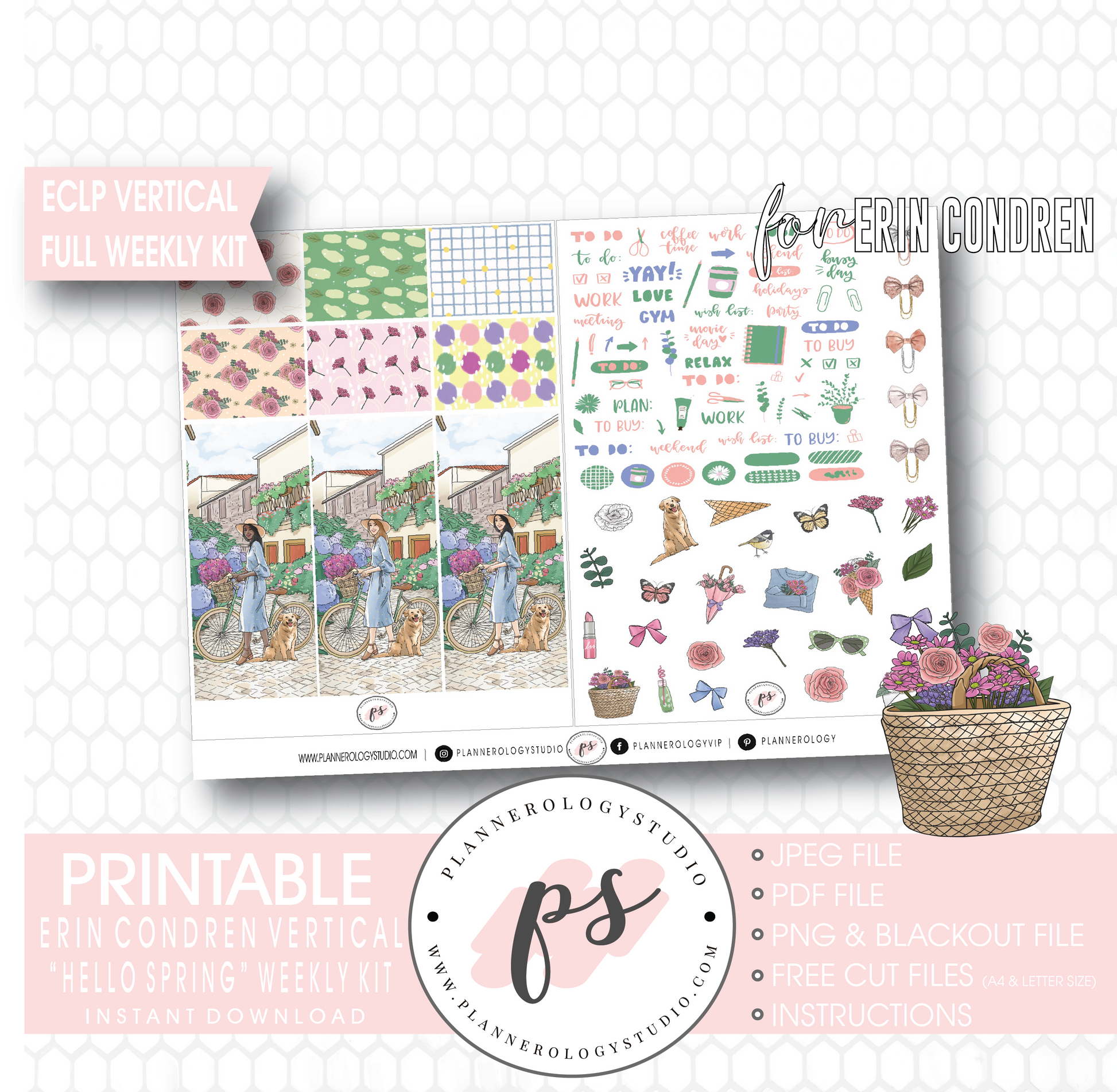Hello Spring Full Weekly Kit Printable Planner Digital Stickers (for use with Erin Condren Vertical) - Plannerologystudio