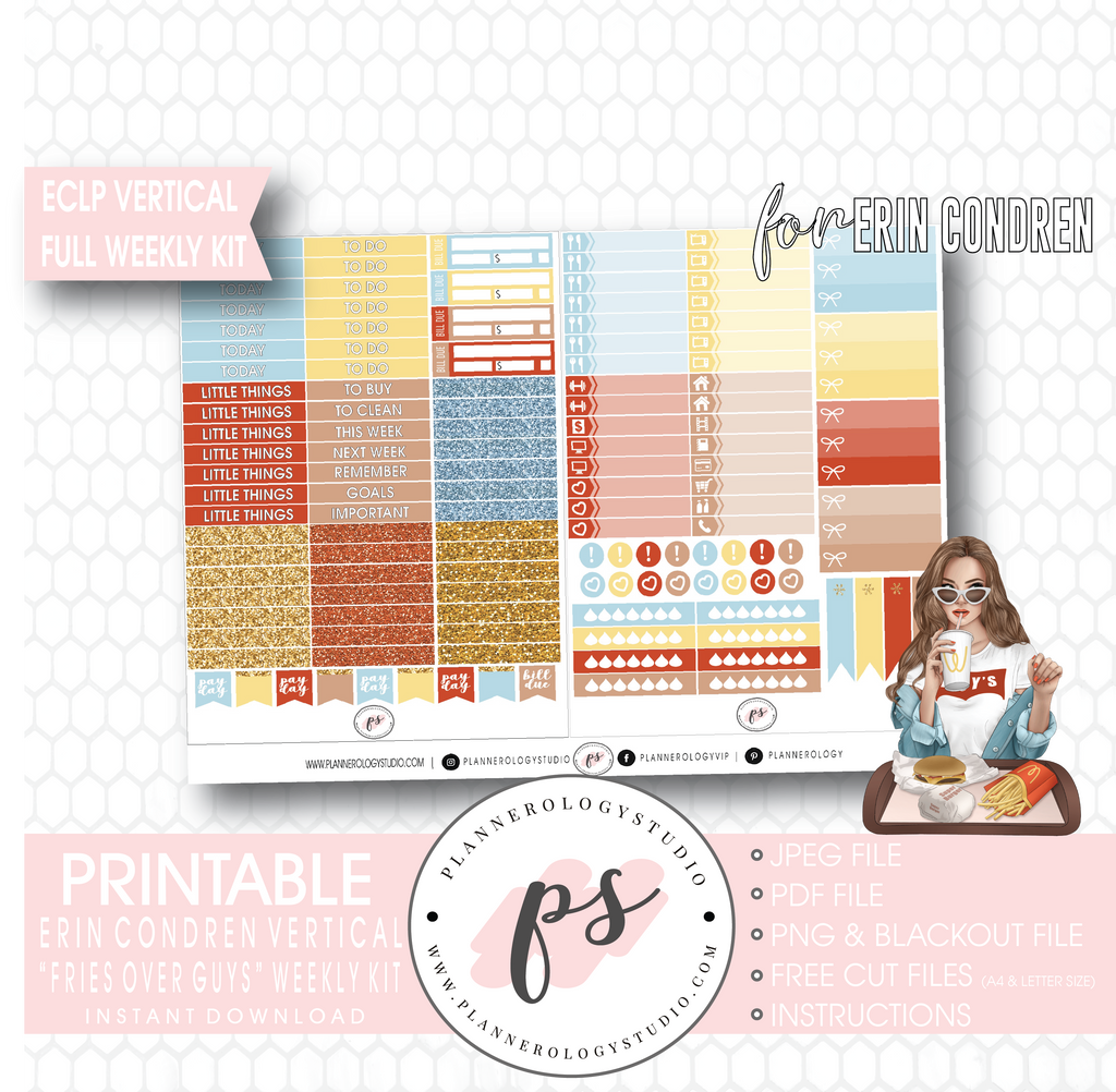 Fries Over Guys Full Weekly Kit Printable Planner Digital Stickers (for use with Erin Condren Vertical) - Plannerologystudio