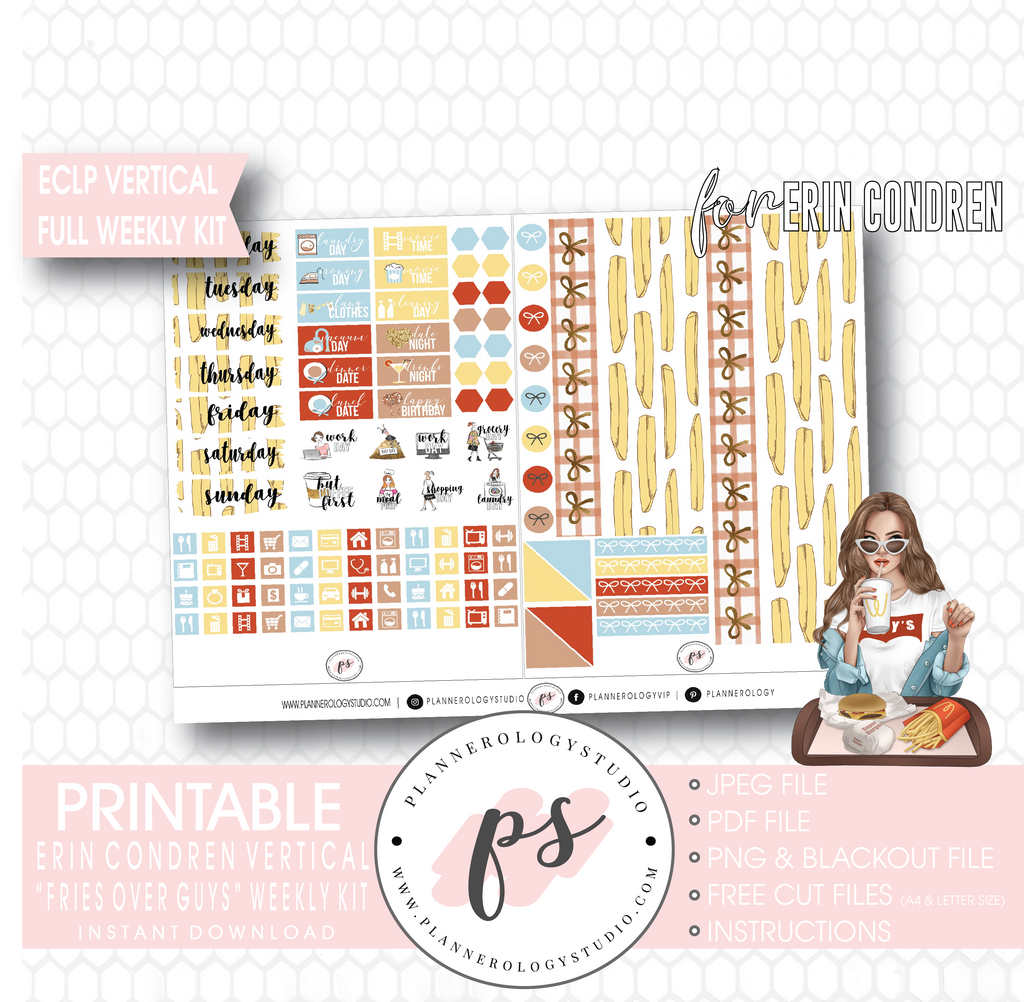 Fries Over Guys Full Weekly Kit Printable Planner Digital Stickers (for use with Erin Condren Vertical) - Plannerologystudio