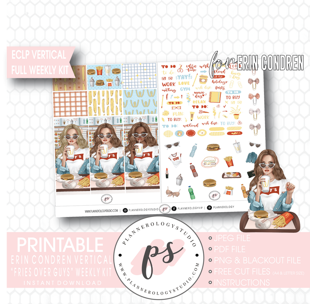 Fries Over Guys Full Weekly Kit Printable Planner Digital Stickers (for use with Erin Condren Vertical) - Plannerologystudio