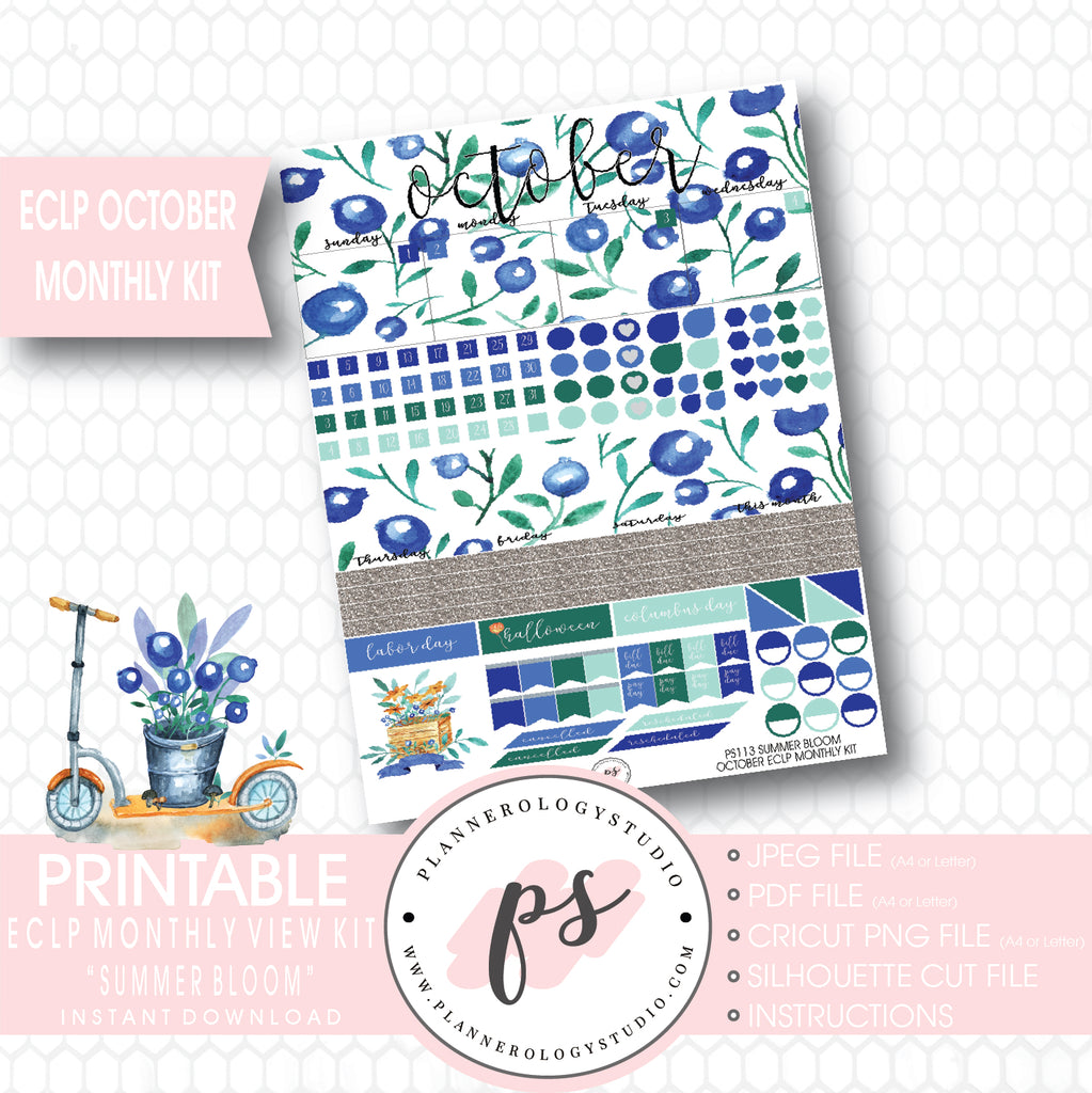 "Summer Bloom" October 2017 Monthly View Kit Printable Planner Stickers (for use with ECLP) - Plannerologystudio