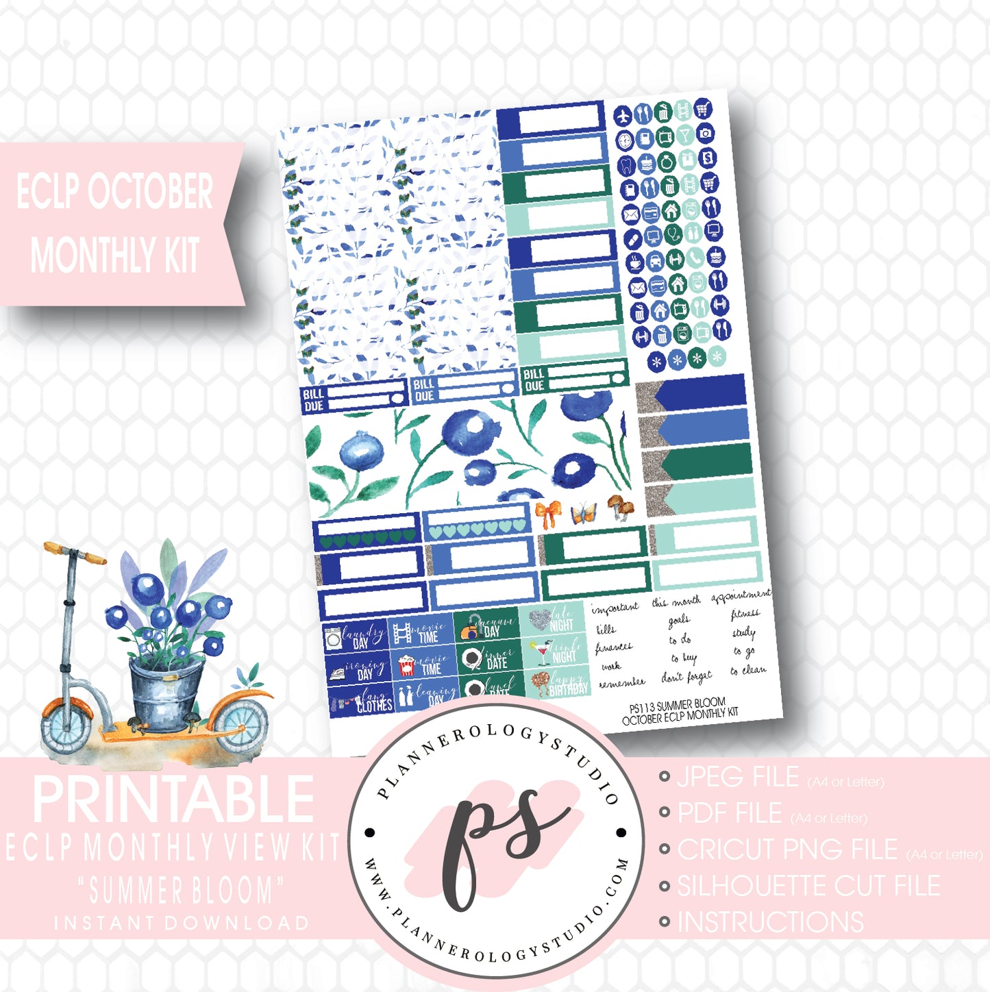 "Summer Bloom" October 2017 Monthly View Kit Printable Planner Stickers (for use with ECLP) - Plannerologystudio