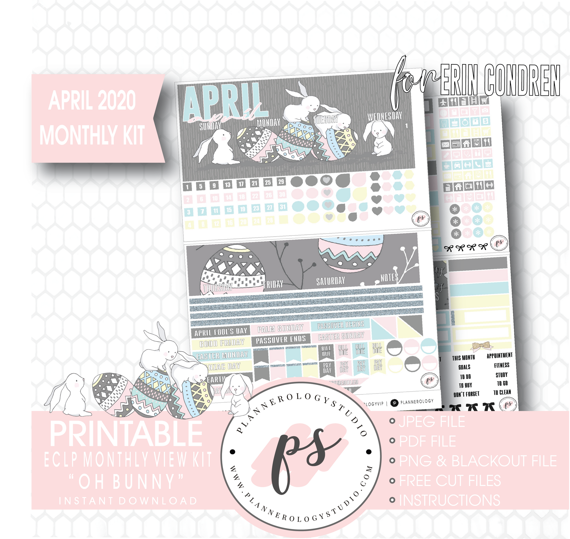 Oh Bunny April 2020 (Easter) Monthly View Kit Digital Printable Planner Stickers (for use with Erin Condren) - Plannerologystudio