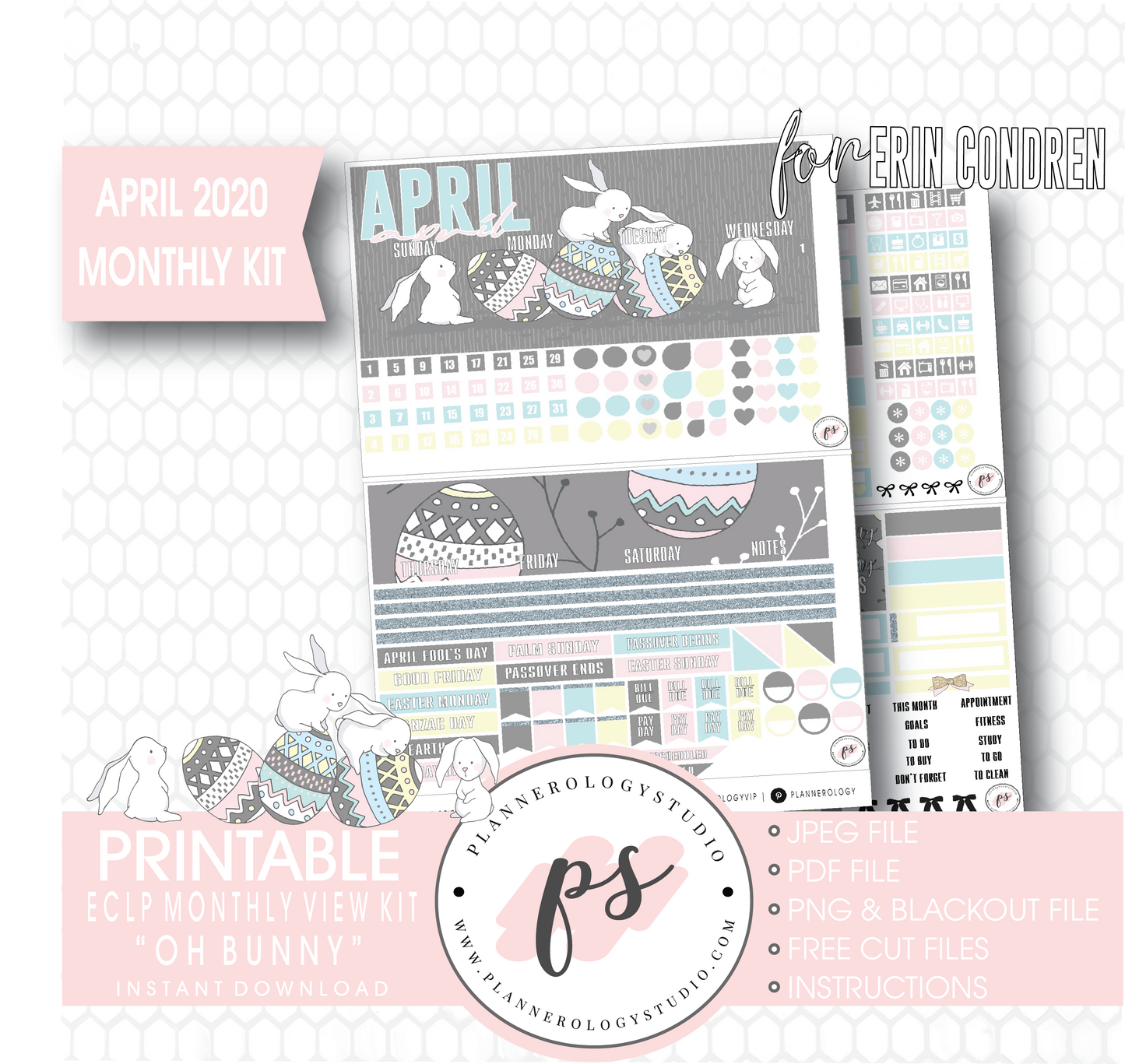 Oh Bunny April 2020 (Easter) Monthly View Kit Digital Printable Planner Stickers (for use with Erin Condren) - Plannerologystudio