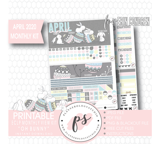 Oh Bunny April 2020 (Easter) Monthly View Kit Digital Printable Planner Stickers (for use with Erin Condren) - Plannerologystudio