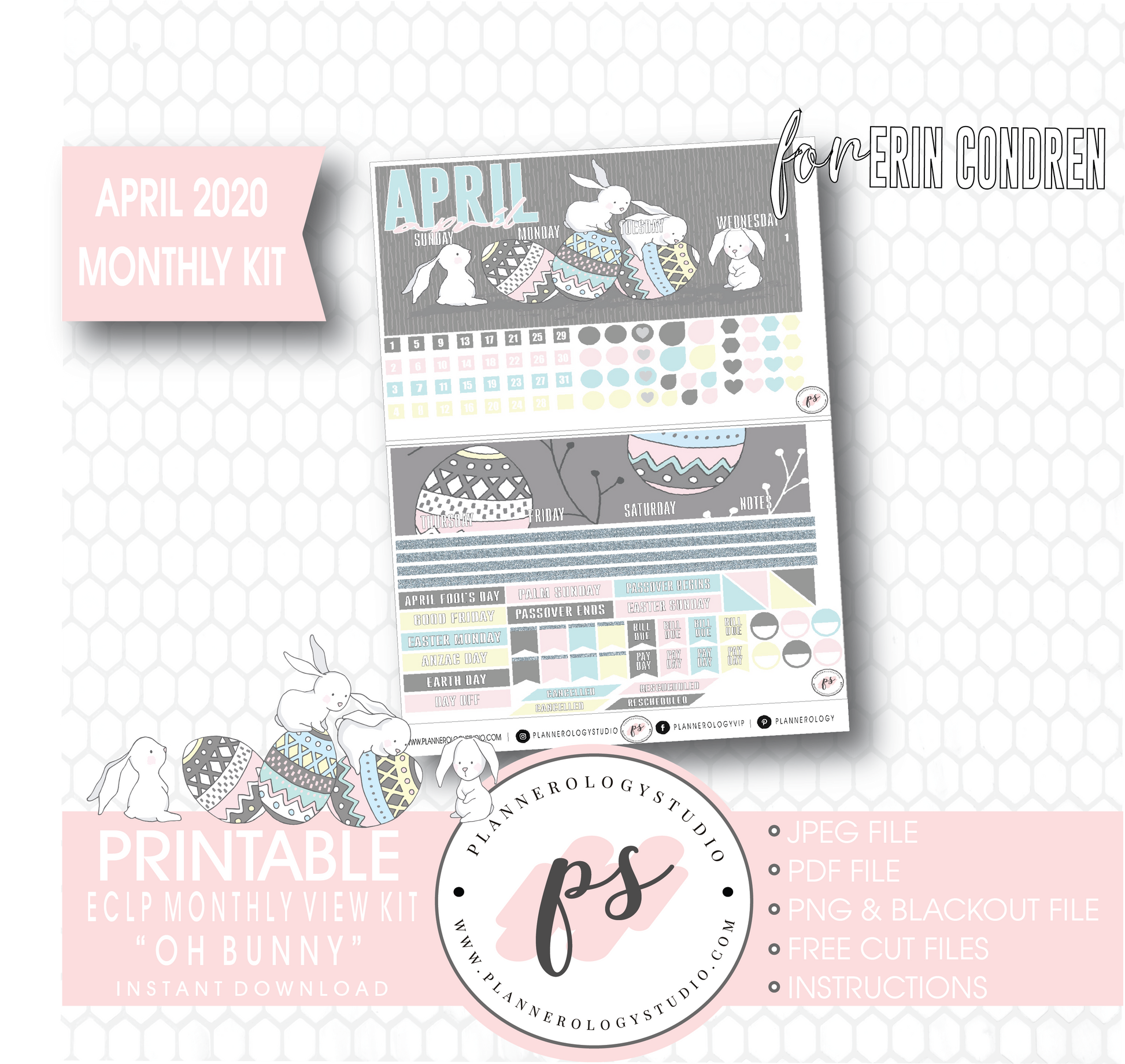 Oh Bunny April 2020 (Easter) Monthly View Kit Digital Printable Planner Stickers (for use with Erin Condren) - Plannerologystudio