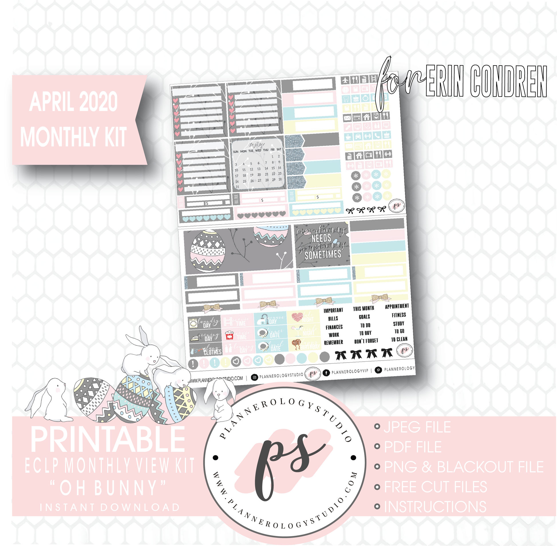 Oh Bunny April 2020 (Easter) Monthly View Kit Digital Printable Planner Stickers (for use with Erin Condren) - Plannerologystudio